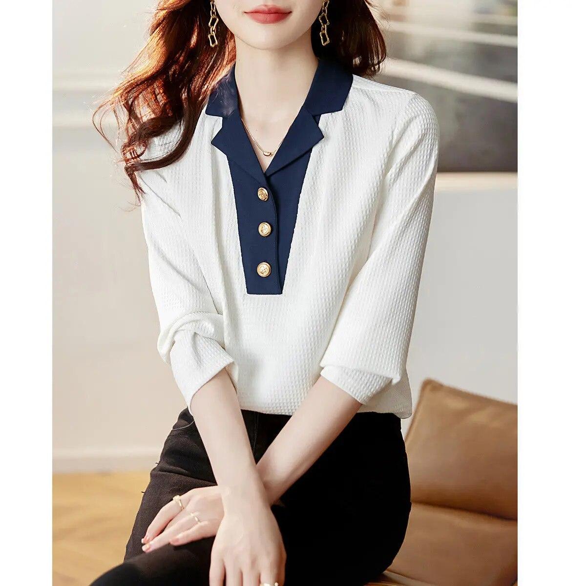 

Весенне-осенняя лоскутная футболка из двух предметов с длинным рукавом, женская повседневная модная универсальная футболка с пуговицами, женский пуловер, футболка XXL белый