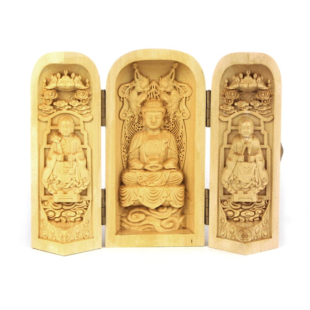 

special Buddha statue Shakyamuni and Dogen Keizan Zenji diameter opening width wood carving made of water boxwood 18379 Kurita s [Three-open Buddha]