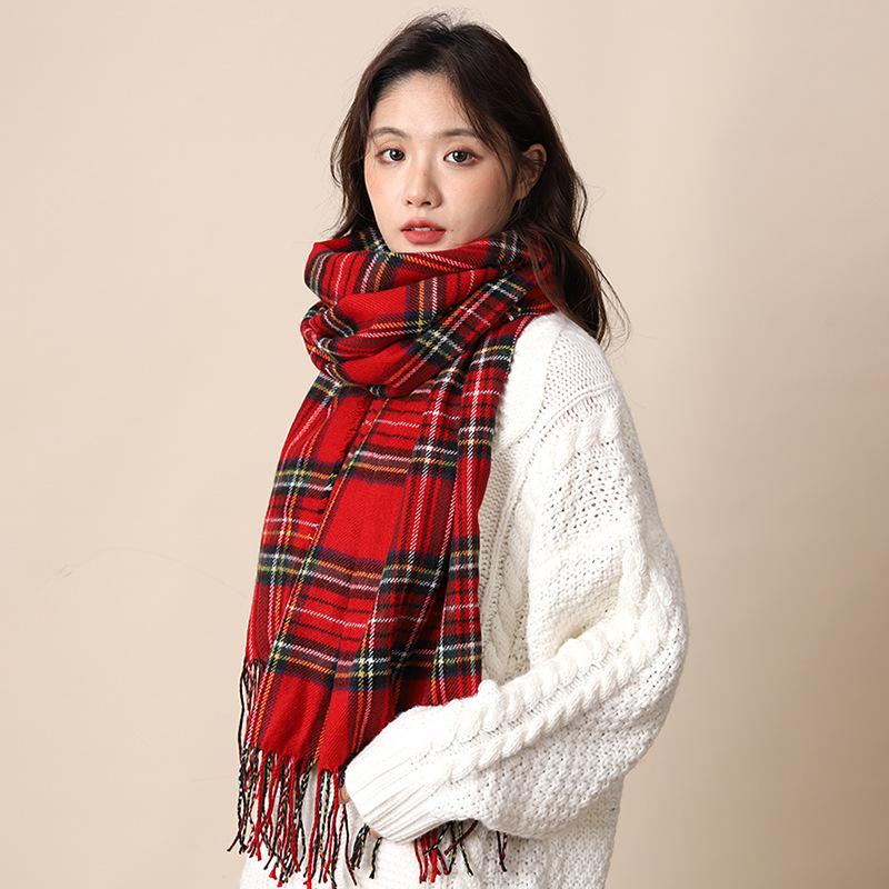 Christmas red plaid scarf women's winter warmth retro senior sense new gift scarf shawl student
