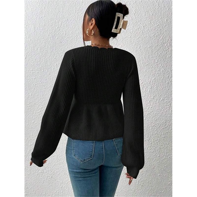 Women's Hollow Out Knitted Sweater Spring Autumn Sexy Deep V Lace Up Pullover Tops Solid Long Sleeve Knitwear Sweater Femme