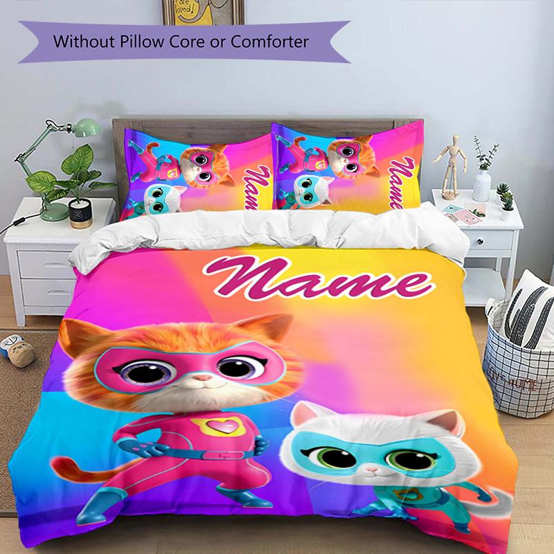 3pcs Super Kitties Adventures1 Cover Set - Personalized Name, HD Printed Bedding with 1 Cover and 2 Pillowcases - Perfect for Home Decor, Easy C