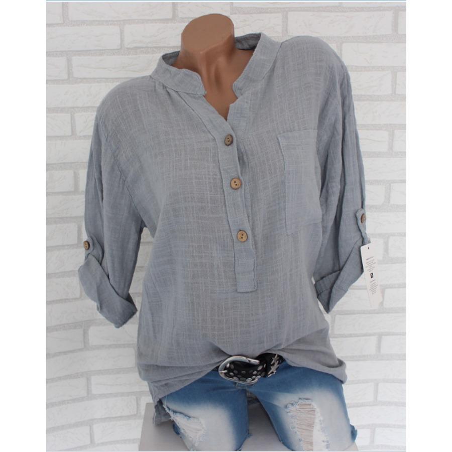 Taglia Asiatica Bottoni Collo Alto Pullover T-shirt Top Larghi Manica Lunga Arrotolabile Camicie Donna Traspiranti Cotone Morbido Bluse