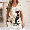 Damen Übergröße Rundhals Kurzarm T-Shirt Mond Weinglas Hand Floraler Stern Kunst Druck Doppellagig Vorderseite Oberteil