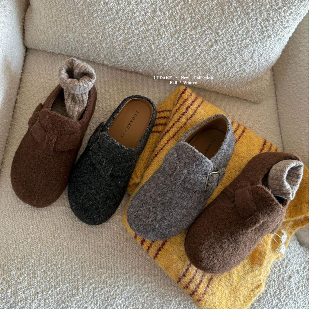 2025 autumn and winter new round head belt buckle woolen thick-soled deep mouth Boken women's single shoes casual Doudou shoes