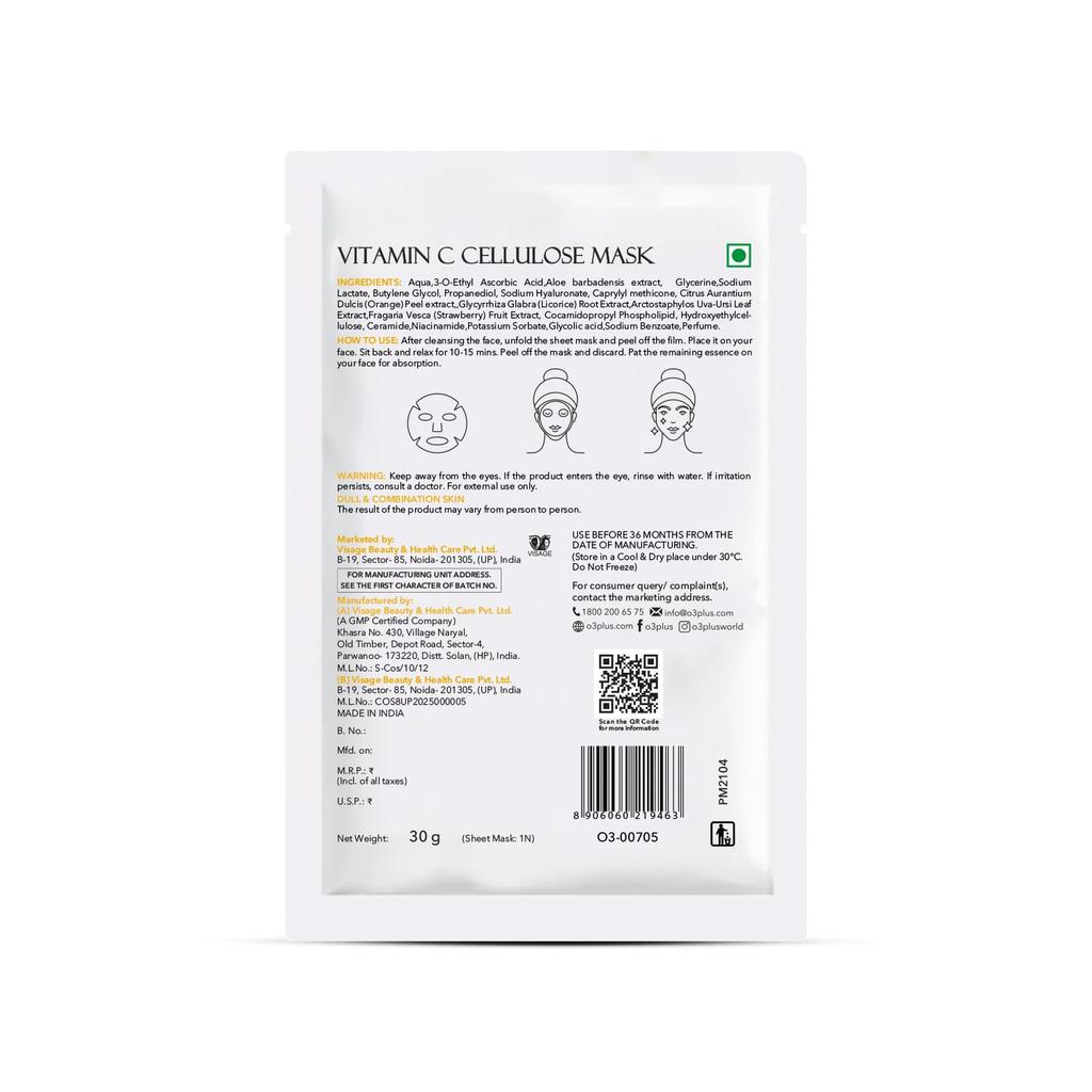 O3+ Facialist Vitamin C Cellulose Sheet Mask 30g Pack of 1 for Pigmentation & Even Skin Tone