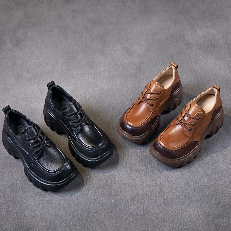 The First Layer of Cowhide Casual Shoes Women's 2025 Autumn New Leather Korean Version of Versatile Lace-up Muffin Platform Single Shoes Women's Shoes