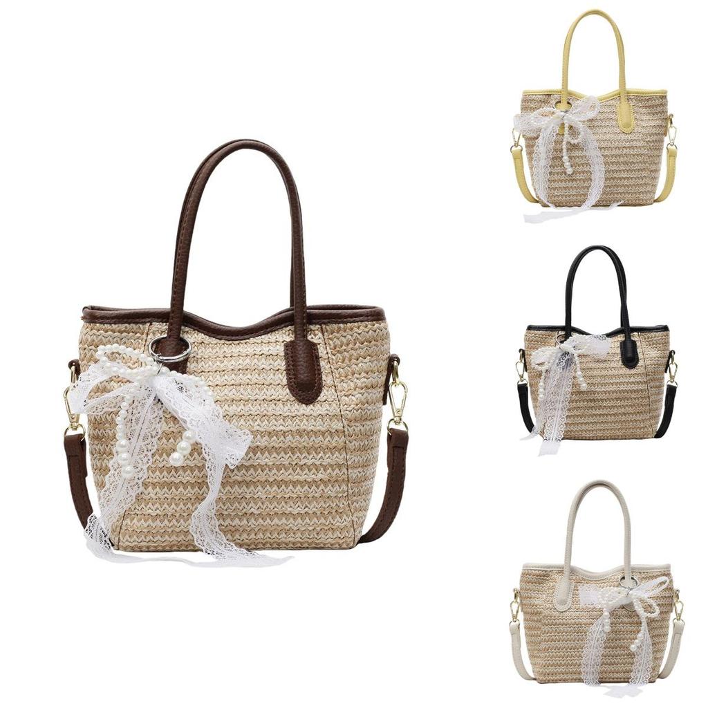 Grass Weave Bucket Bag For Women Summer Casual Handheld With Zipper Closure