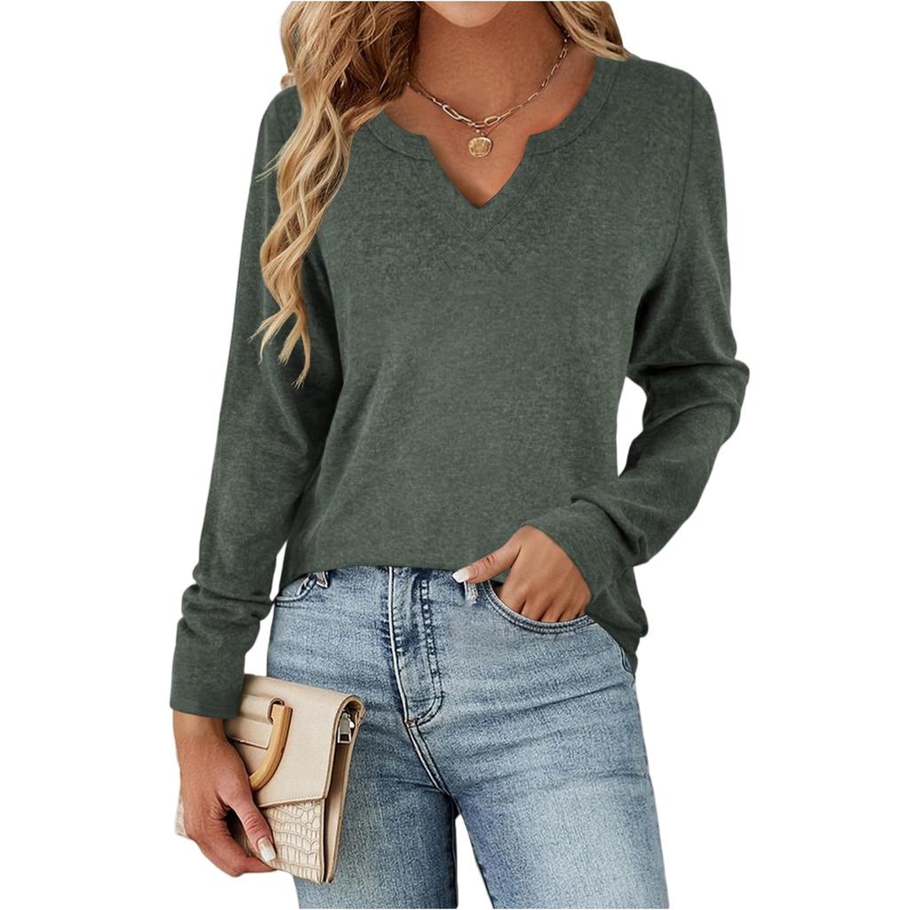 Women's Fashionable Casual V-neck Color Cotton Solid Color Long Sleeved Loose Women's T-shirt Top