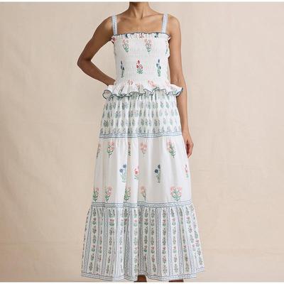 Wave Edge Floral Puffy Suspender Long Dresses Summer Printed Waist Cinching Vacation Sleeveless Pleated Hemline Maxi Slip Dress