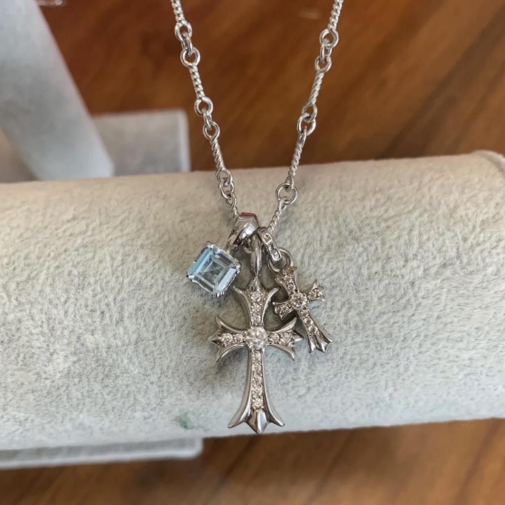 Gold-Plated S925 Sterling Silver Double Cross Necklace with Blue Diamond Accent - Unisex Hip Hop Pendant