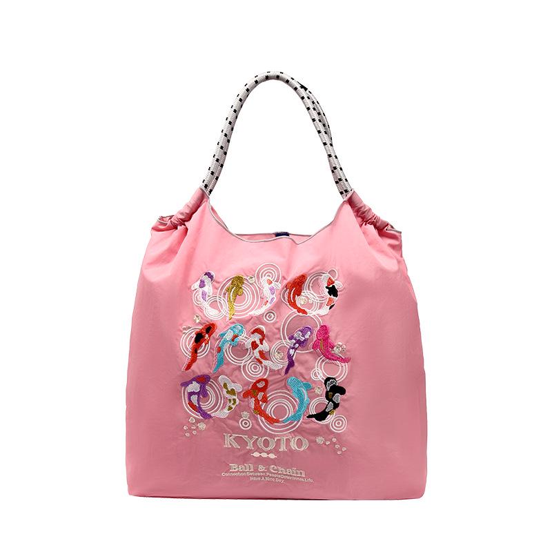 

Холщовая сумка-тоут большой вместимости с вышивкой Koi для женщин и складная нейлоновая сумка через плечо