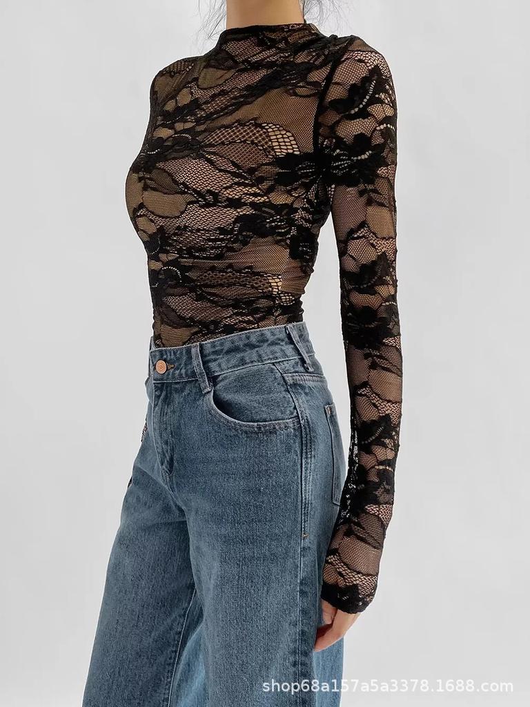 Trendy European & American Style Slim-Fit Lace Patchwork Long-Sleeve Jumpsuit