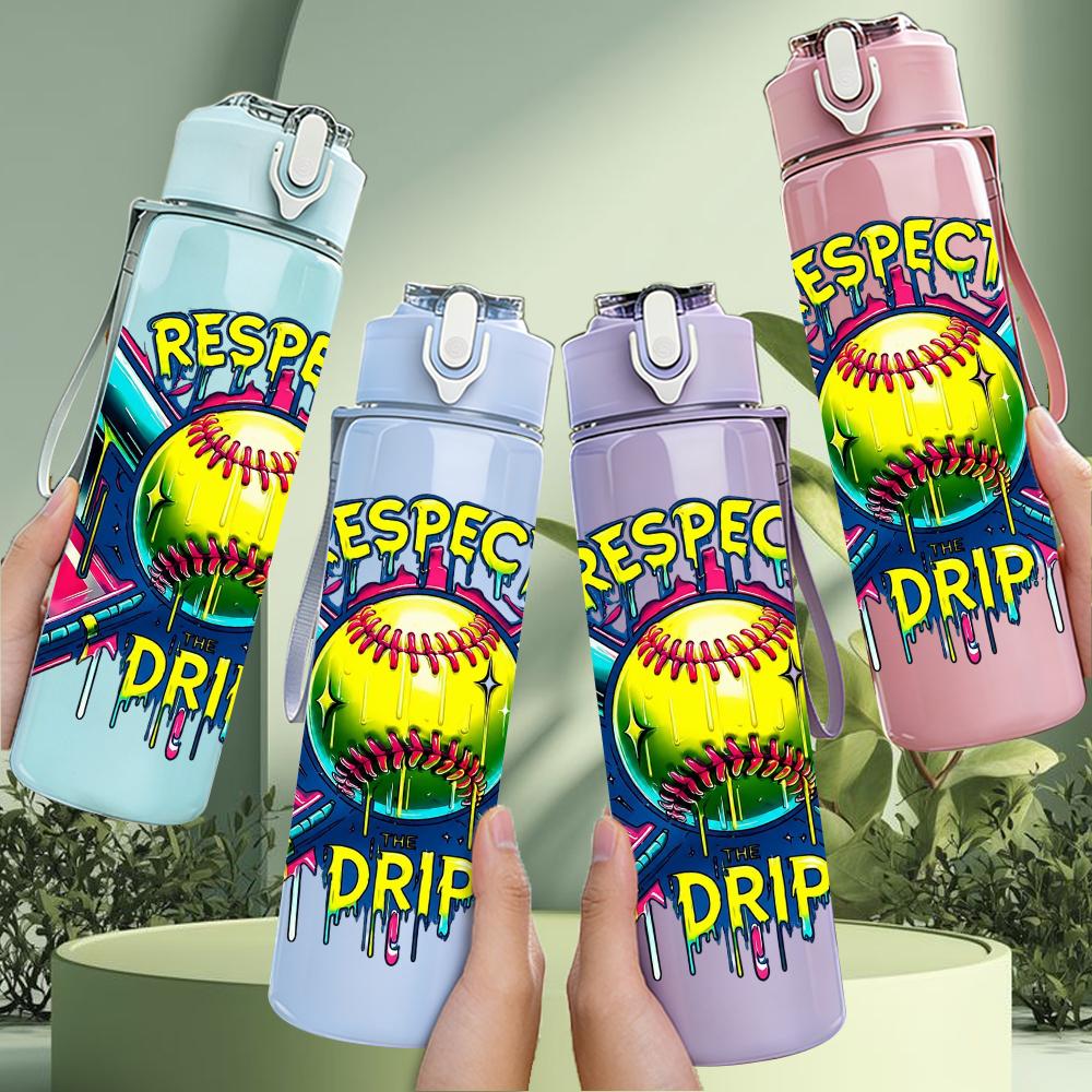 1PC Softball Respect Drip Letter Art 750ml Color Plastic Water Bottle Leakproof Flip Straw Lid For Sports Office Home Use