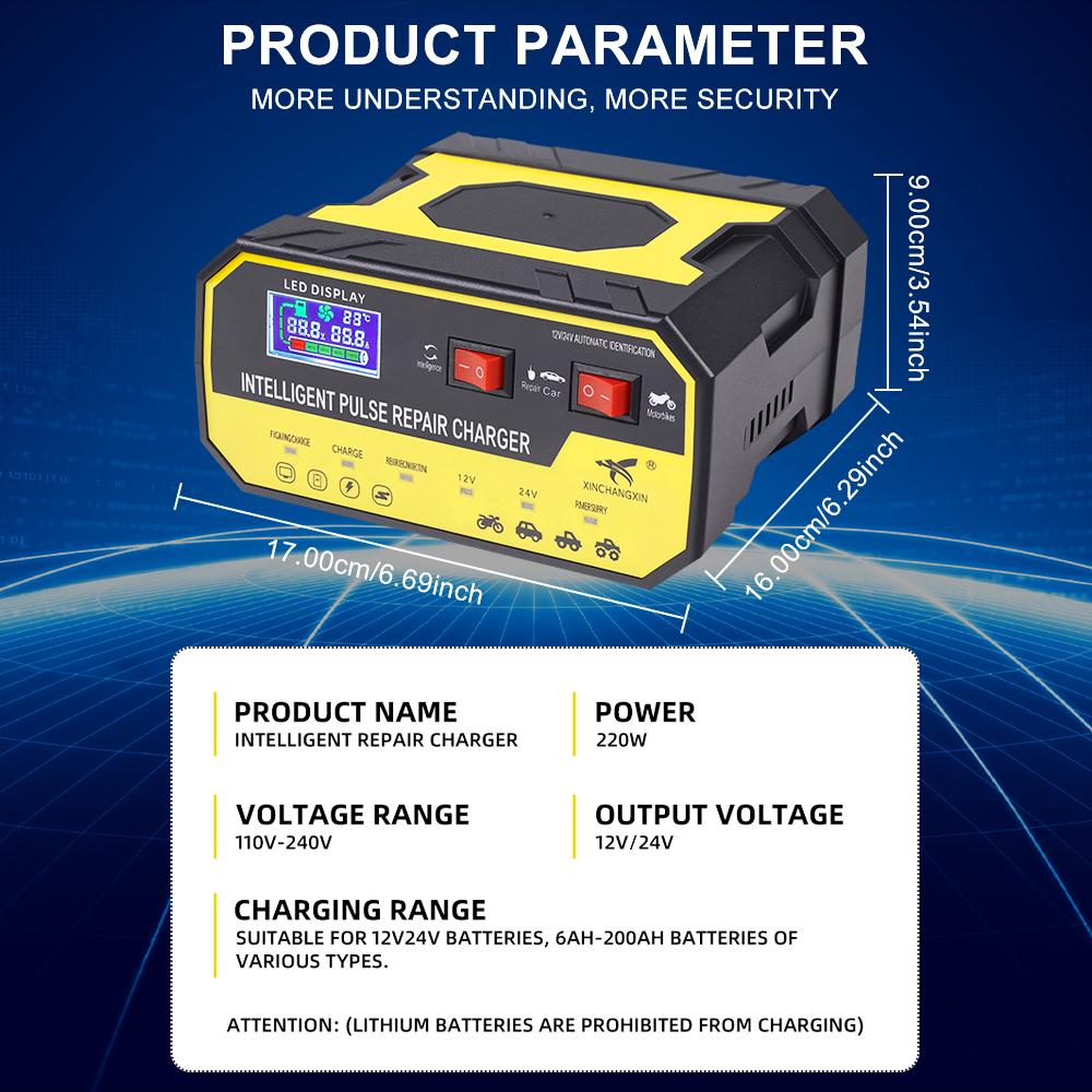 EU-Stecker Überspannungsschutz Intelligente Pulsreparatur Multifunktional 12V 24V 8A Autobatterieladegerät Automatischer Stopp Spannungs- und Temperaturerkennung