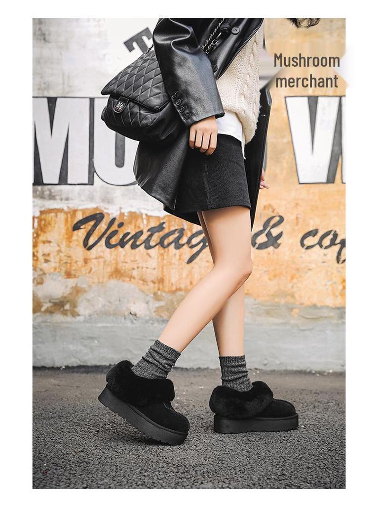 Women's Genuine Leather Thick-Soled Snow Boots, Non-Slip, Warm, with Plush Wool and Velvet Lining.