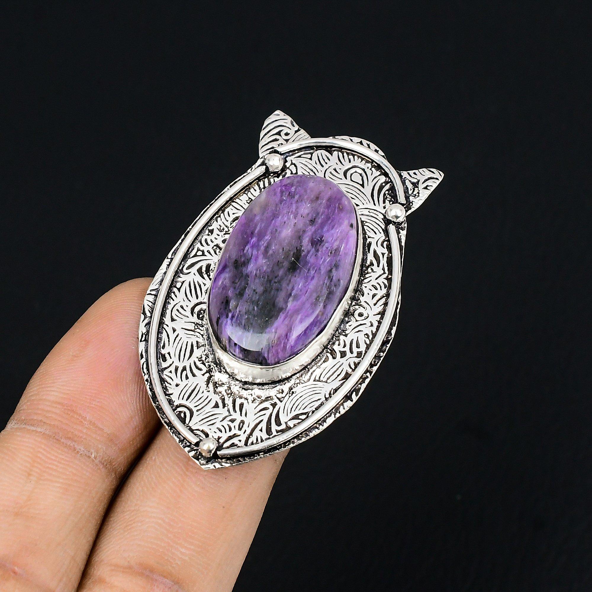 Third Eye Chakra Charoite Stone 925 Silver Ethnic Statement Ring Jewelry US 6.5 6.5