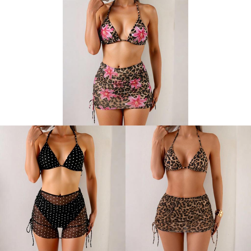 Leopard Print Bikini Set With Polyester Fabric And Padded Hanging Neck For Water Sports