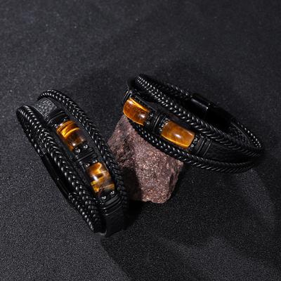 Men's Retro-style Leather Bracelet, Tiger Eye Stone Bracelet, Stainless Steel Bracelet