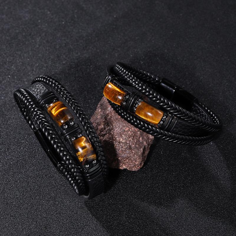 Men's Retro-style Leather Bracelet, Tiger Eye Stone Bracelet, Stainless Steel Bracelet