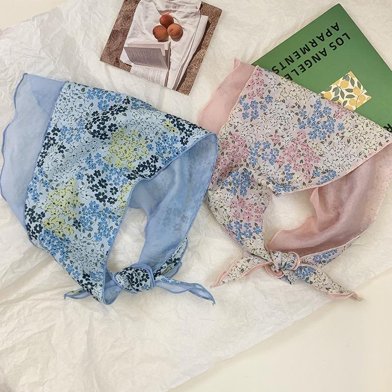 Triangle scarf, headscarf, summer women's pastoral new double-layer breathable floral small silk scarf, headband, tied hair streamer