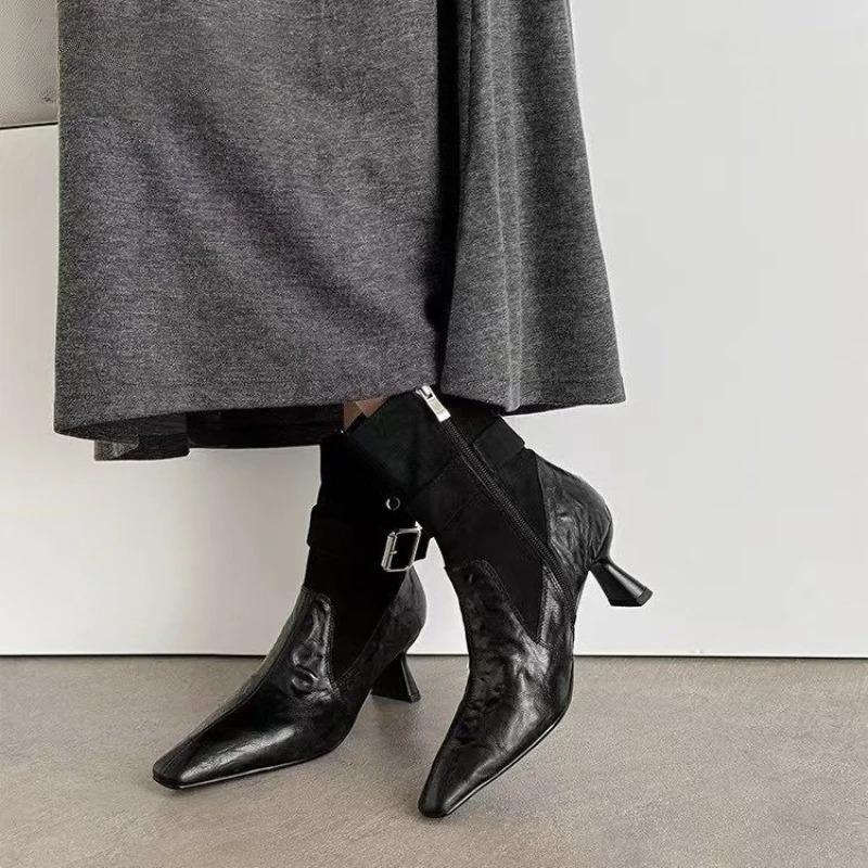 High Heels Women Ankle Boots Elegant Metal Decoration Woman Modern Boot Side Zipper Sexy Soft Leather Women'S High Boots