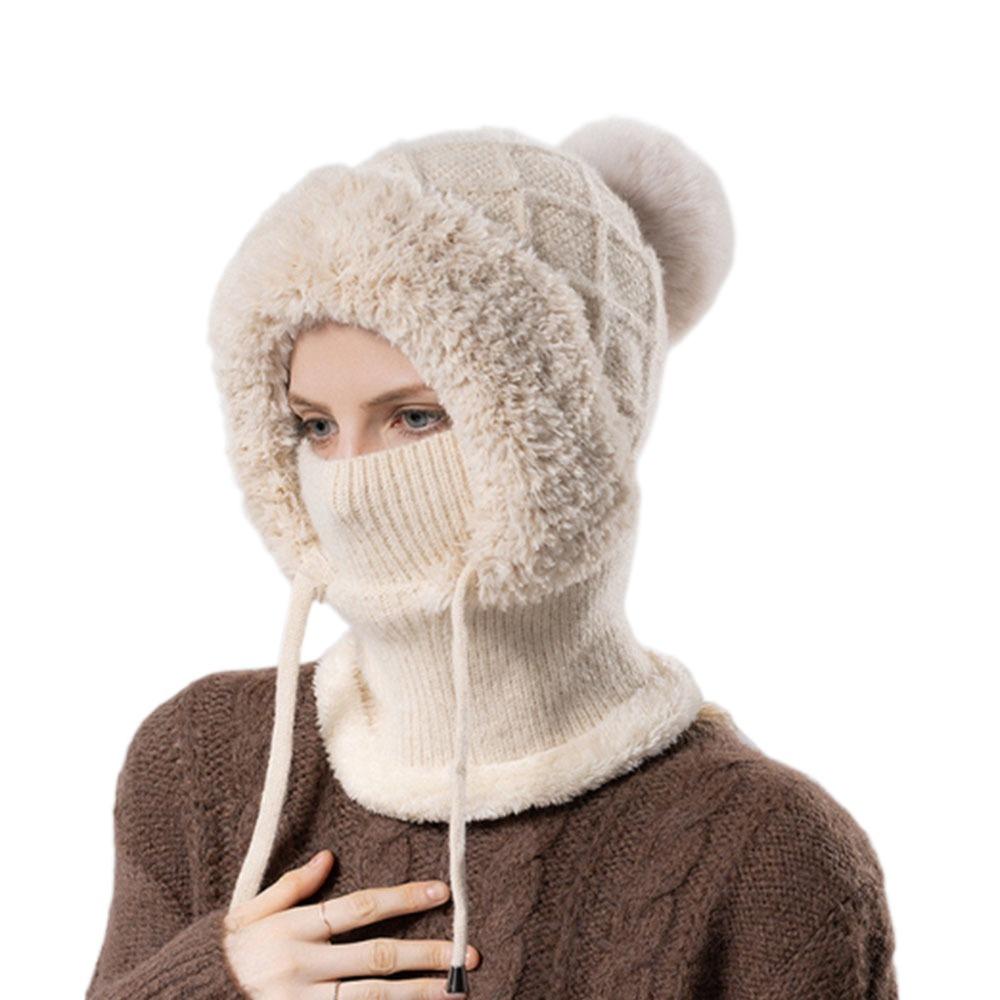 Solid Color Winter Fur Cap Mask Set Windproof Balaclavas Hat Simple Scarf All-In-One Hat  Outdoor