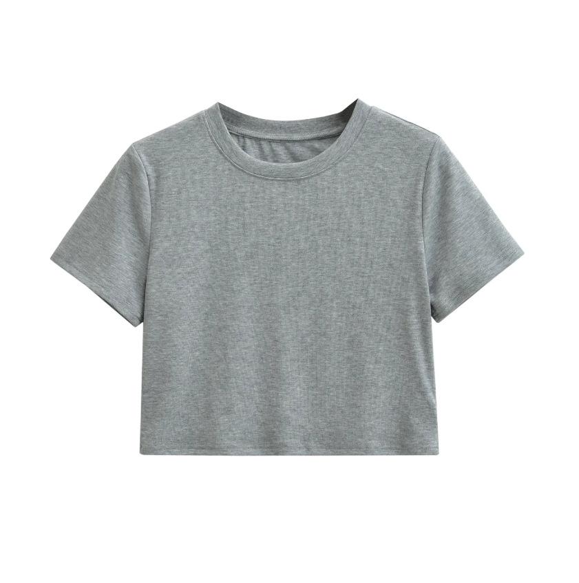 Front Shoulder Crew Neck Short Sleeve T-Shirt Women's Summer New American Spice Girl Style Solid Color Skinny Short Bottom Top