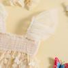 Infant Girl Romper Dress Butterfly Decor Fly Sleeve Ruched Mesh Skirt 3 6 12 18 24 Months Hem Jumpsuits Newborn Clothes Baby Bodysuits with Headband