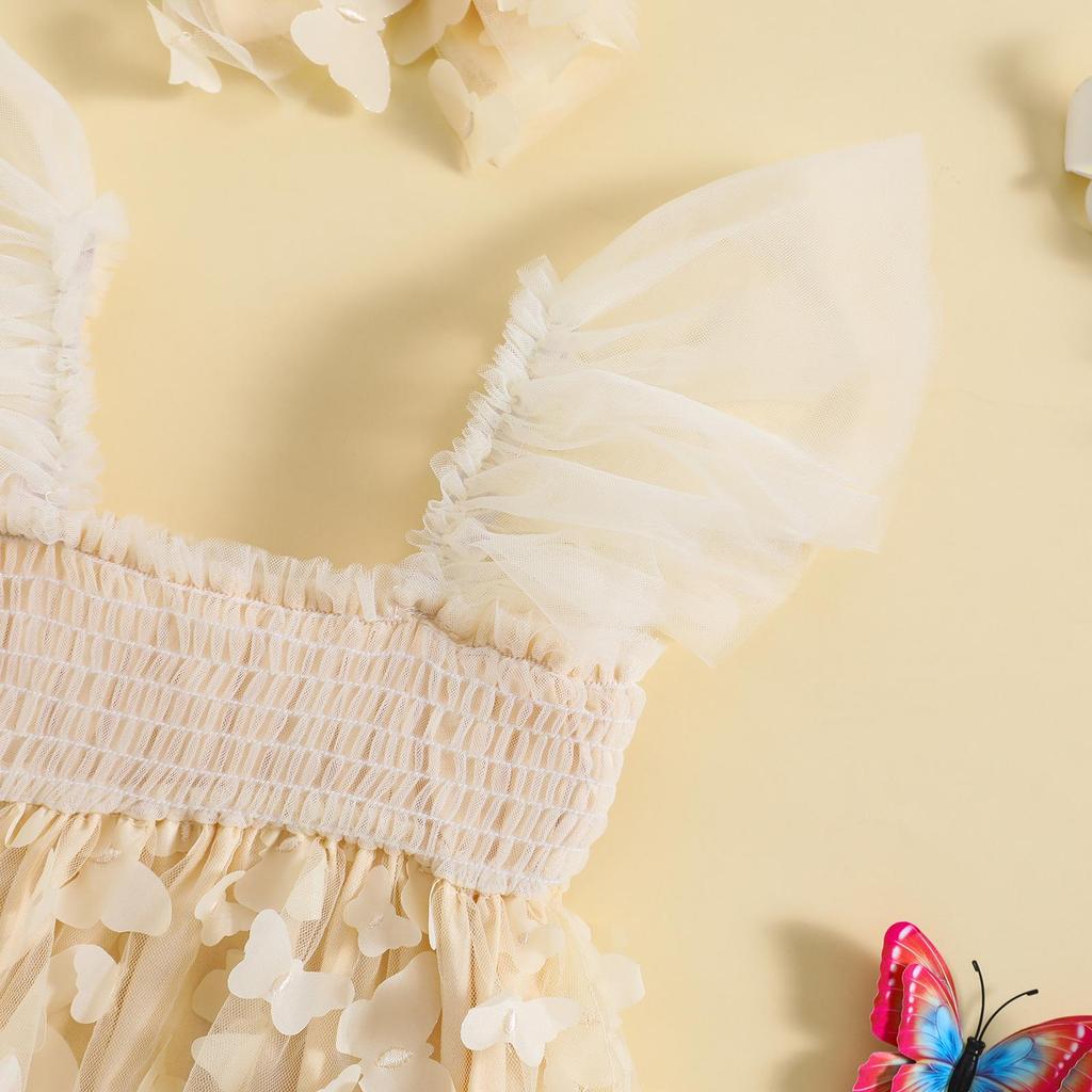 Infant Girl Romper Dress Butterfly Decor Fly Sleeve Ruched Mesh Skirt 3 6 12 18 24 Months Hem Jumpsuits Newborn Clothes Baby Bodysuits with Headband