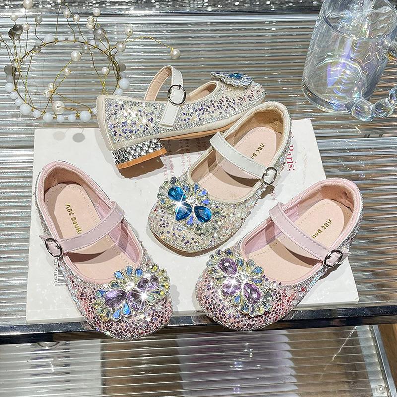 Children's high heels season children's foreign style rhinestone princess shoes children's shiny crystal soft-soled shoes