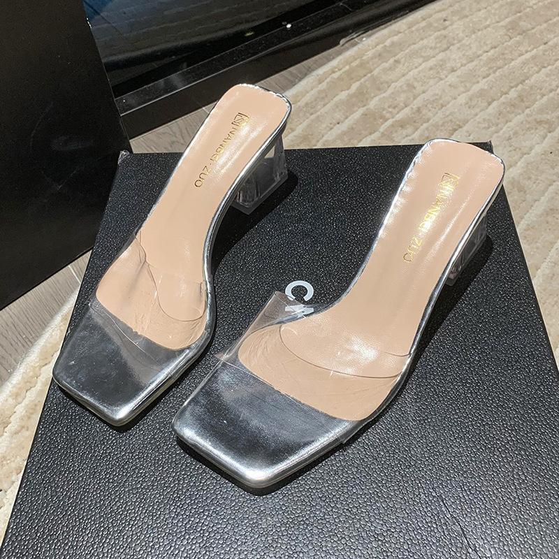 Transparent crystal slippers women's outer wear 2025 summer new thick high-heeled square-toed cool slippers women's summer outer wear summer