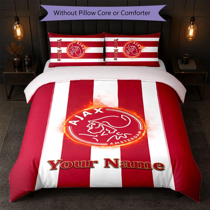 Set Biancheria da Letto Personalizzato Ajax Amsterdam con Nome Testo 1 Copripiumino+2 Federe Logo Calcio Regalo Personalizzato per Occasioni Speciali Decorazione Camera da Letto