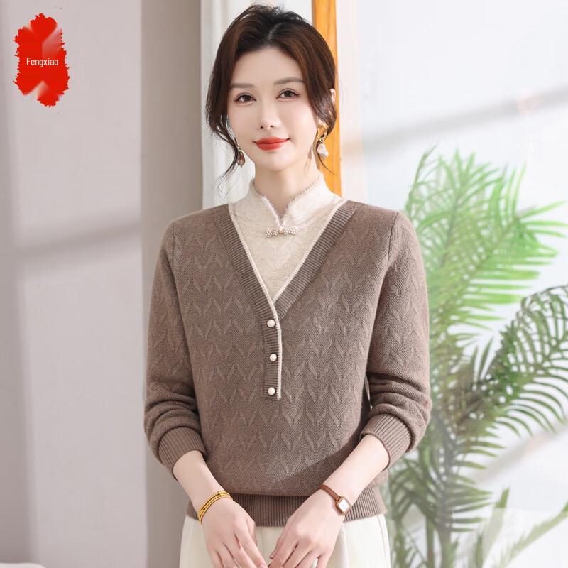 FENGXIAO Women s Faux Two-Piece Knitted Winter Sweater 2XL