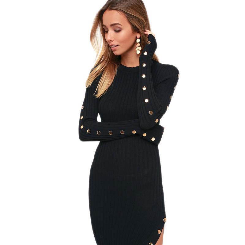 

2020 Европейское и Американское Осенне-Зимнее Однотонное Женское Платье с Пуговицами и Разрезом S чёрный