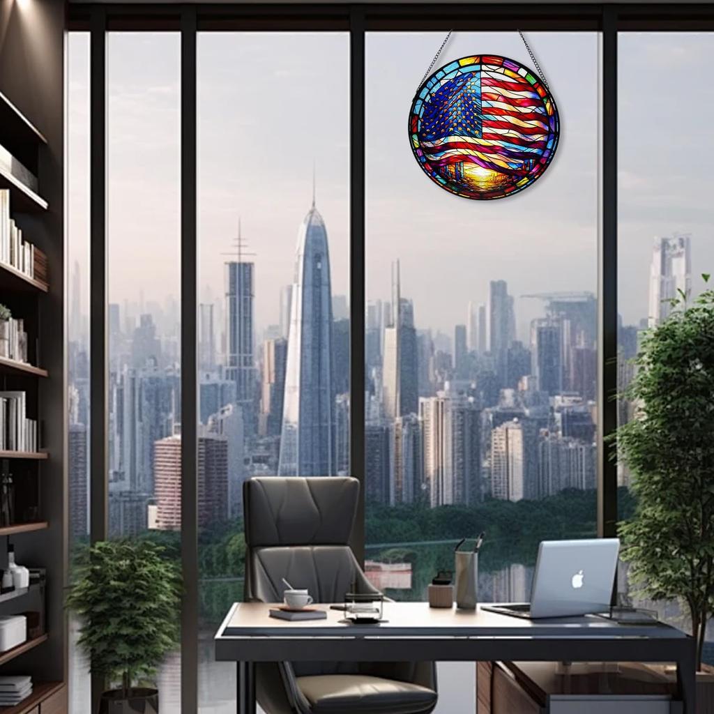 LOTIKOU 9.84'' American Flag Glass Window Hanging, Flag Stained Glass Window Panel, American Flag Glass Window Panel for Home Office Outdoor Decor