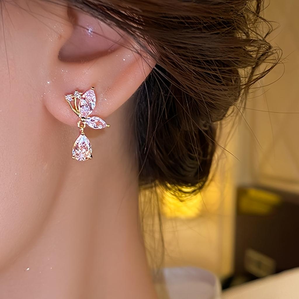Pair Fashionable Elegant Exquisite Butterfly Bow Glass Inlaid Earrings for Women Daily Commuting Dating Gift
