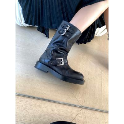 Cowhide Version Washed Horseskin Cigarette Boots Thin Buckle Short Boots Women's Heightened Thick-soled Thin Boots Spring and Autumn Knight Boots