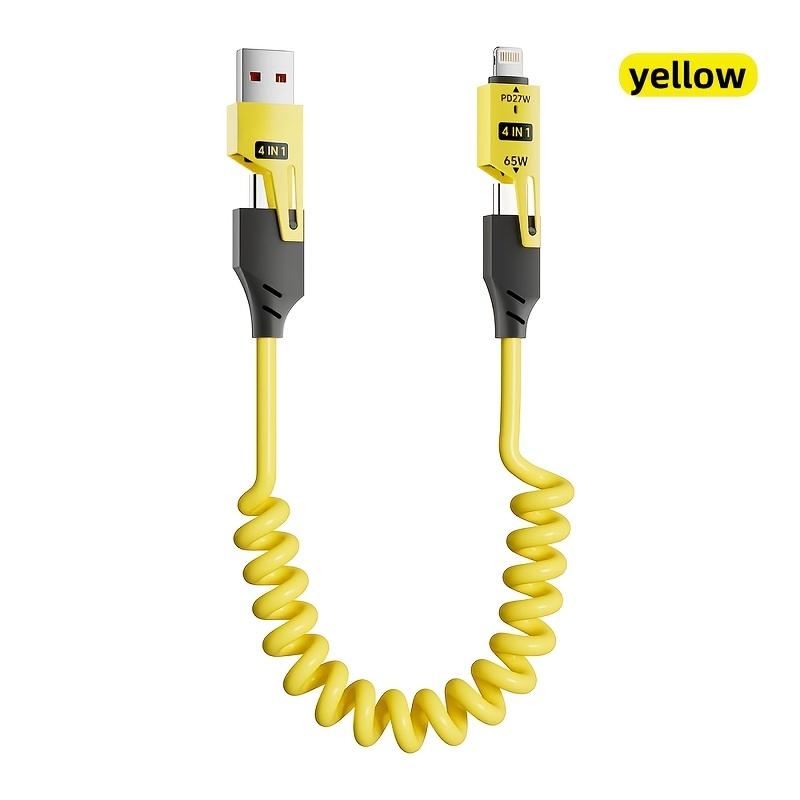 

65W 5A universal 4-in-1 high-speed charging data cable, spring telescopic cable for SamSung, S24 S23 S21, One Plus, Mi 13 1.5m жёлтый