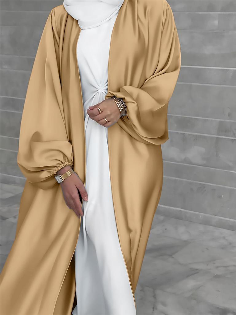 Elegant 2026 Satin Puff Sleeve Cardigan Dress for Women - Middle Eastern Fashion