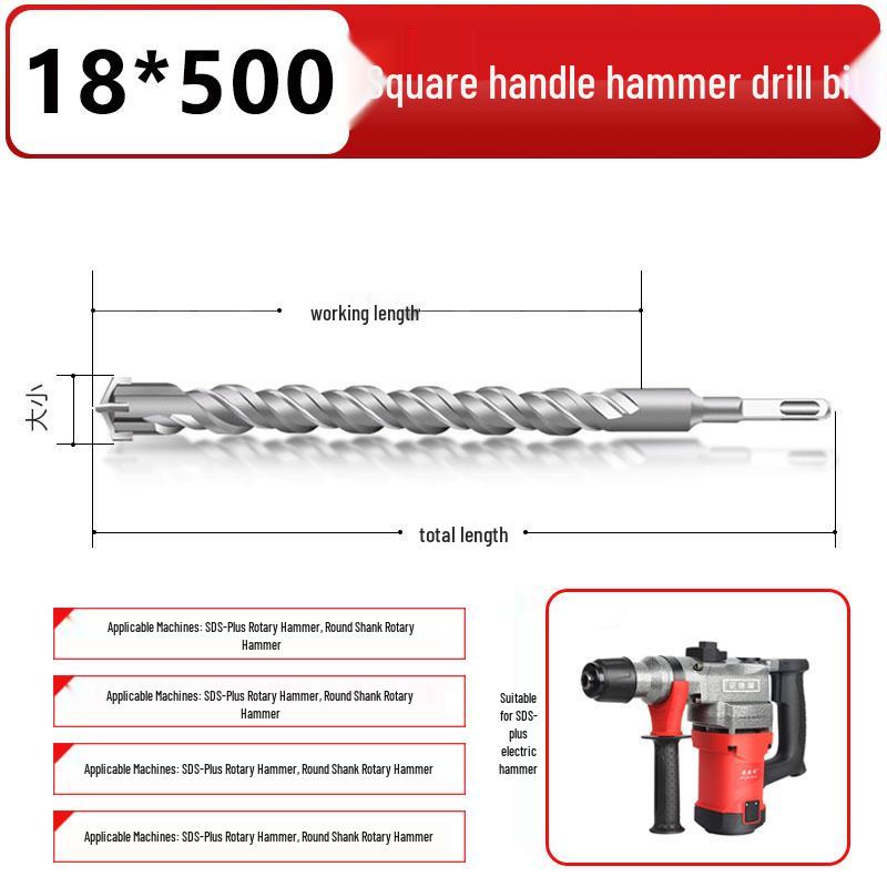 Four-Flute Extended Rotary Hammer Drill Bit for Concrete and Cement with Square Shank