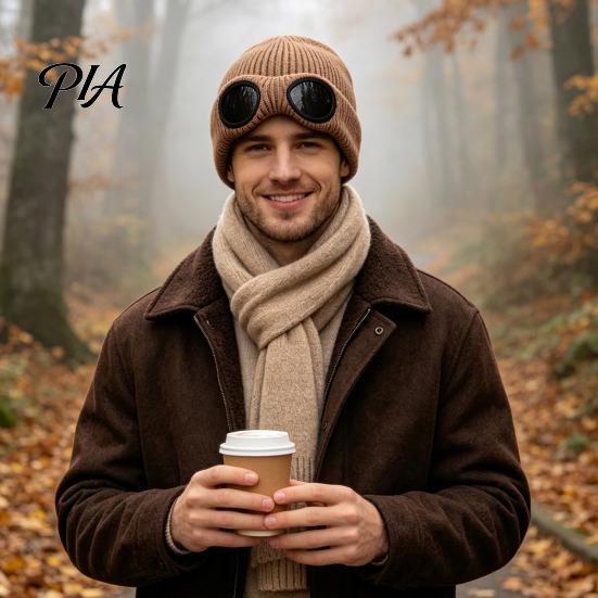 Warm Hat for Most Head Sizes 2Pcs Fleece Lined Hats with Goggles, Winter Knit Casual Accessory Outdoor Activities Hats, Windproof Skiing Caps