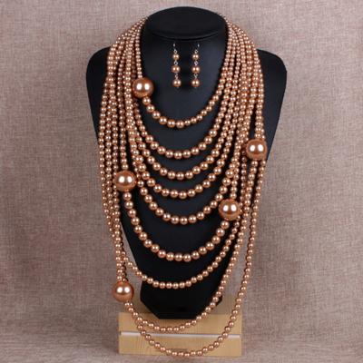 1 Set Women Necklace Earrings Set Exaggerated Multi-layer Faux Pearl Smooth Adjustable Length Hanging Earrings Hook Earrings Prom Party Jewelry Set