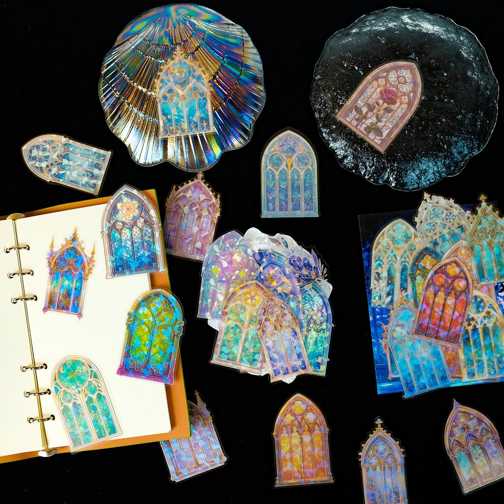 30 Bronzing Cathedral Theme Transparent Pet Stickers Creative Design Handbook Diy Material Decoration