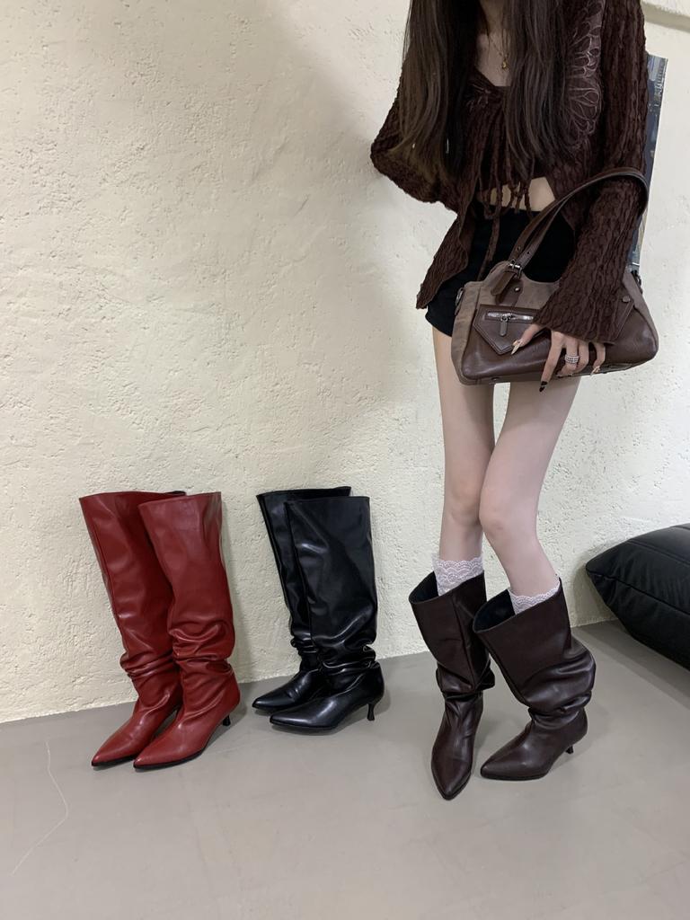 Pointed Stiletto Boots Women's Over-the-Knee Boots Pleated Pile Boots Winter Boots