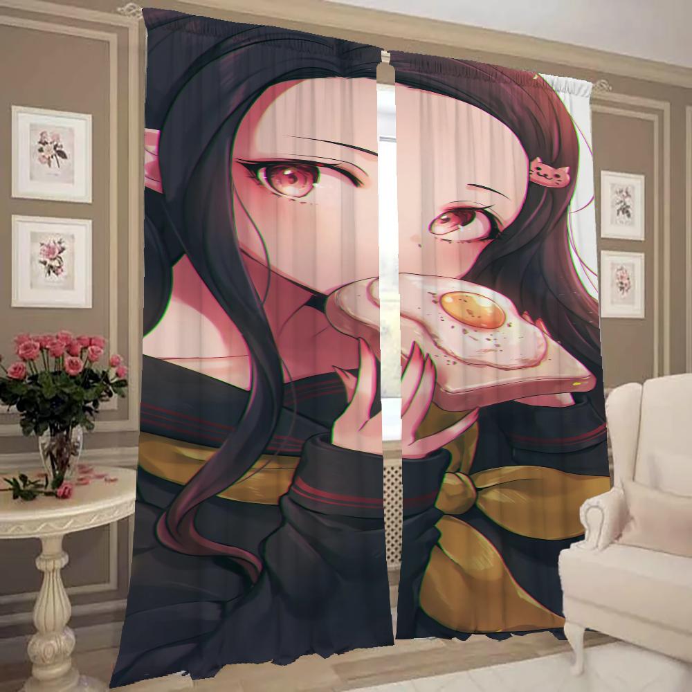 Set Of 2 Window Kitchen Curtains Living Room Door Curtain Demon Slayer Bedroom Decoration Partition Darkening For Area Made Polyester