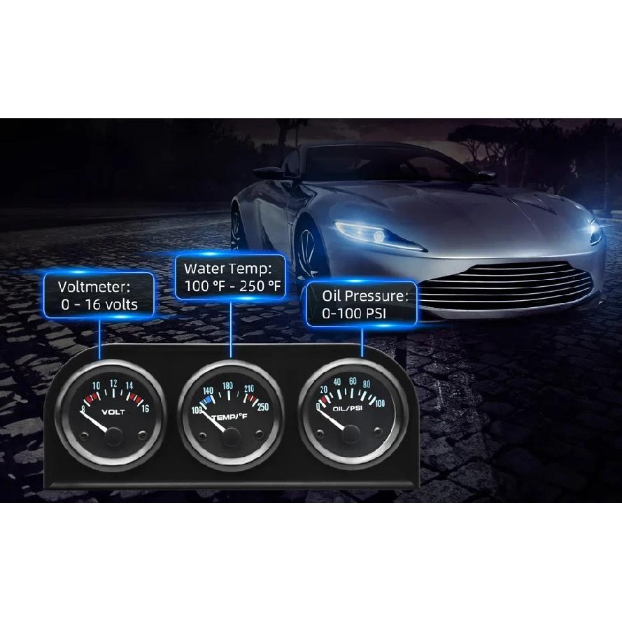 2'' 52mm 3 in 1 LED Back-lit Gauges Voltmeter Water  Oil Pressure Oil temperature Electrical Gauge 3 in 1 Kit Meter