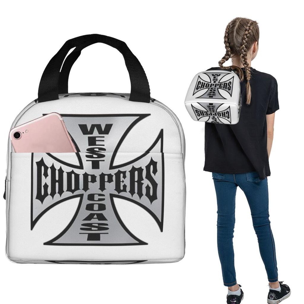 Personalized West Coast Iron Cross Choppers Insulated Lunch Bag for Women Children Portable Food Boxes Thermal Lunch Box Tote
