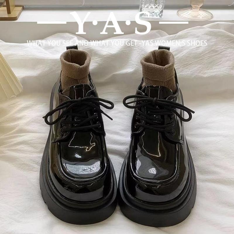 Black British style thick heel lace-up small leather shoes for women's spring and autumn new Japanese JK heightening Mary Jane commuter work shoes