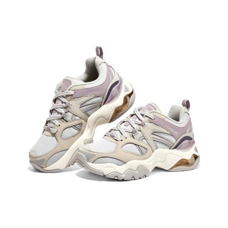 Skechers DLites 3.0 Air Mesh Leather Sports Low-Top Lifestyle Shoes Women Sneakers Gray Purple Beige 896150-GYPR