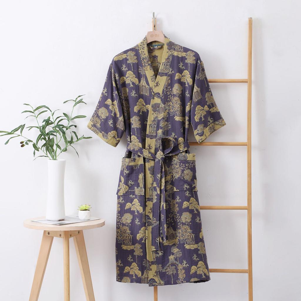 Accappatoio in puro cotone a doppio strato di garza, primavera/estate, tessuto tinto sottile, abbigliamento per la casa, pigiama kimono in stile giapponese per coppie